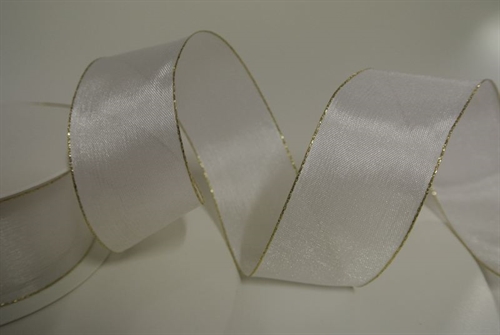 Band 20m/ 40mm, Sheer - gold Ende, weiss