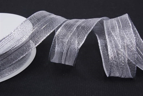Band 20m/ 25mm, Streifen im Tüll, silber Band 20m/ 25mm, Streifen im Tüll, silber