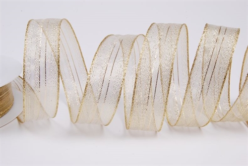 Band 20m/ 25mm, Streifen im Tüll, gold Band 20m/ 25mm, Streifen im Tüll, gold