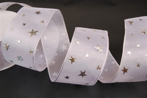 Band 20m/ 50mm, Sterne, weiss/silber Band 20m/ 50mm, Sterne, weiss/silber