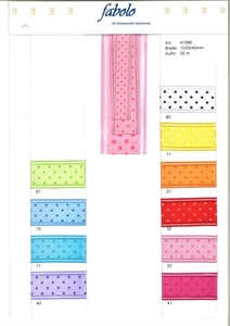 Band 25m/ 25mm, Punkte in Organza-Kante, gelb Band 25m/ 25mm, Punkte in Organza-Kante, gelb