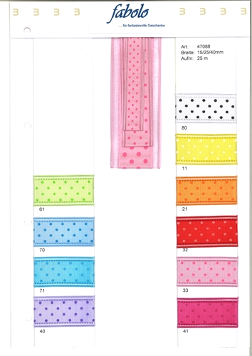 Band 25m/ 25mm, Punkte in Organza-Kante, gelb Band 25m/ 25mm, Punkte in Organza-Kante, gelb