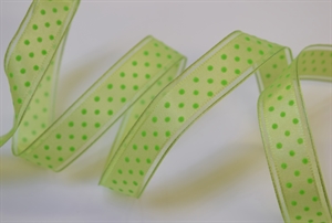 Band 25m/ 25mm, Punkte in Organza-Kante, grün Band 25m/ 25mm, Punkte in Organza-Kante, grün