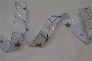 Band 20m/ 15mm, Sternen - Drahtkante, weiss/silber Band 20m/ 15mm, Sternen - Drahtkante, weiss/silber