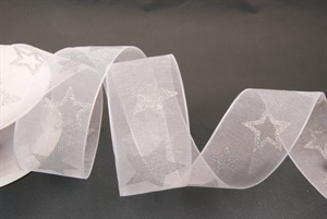 Band 25m/ 40mm, Sterne, weiss/silber Band 25m/ 40mm, Sterne, weiss/silber