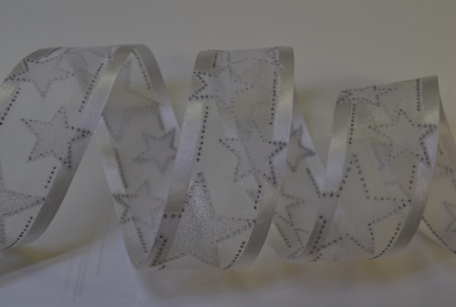 Band 25m/ 40mm, Organza m. Sternen, weiss/silber Band 25m/ 40mm, Organza m. Sternen, weiss/silber