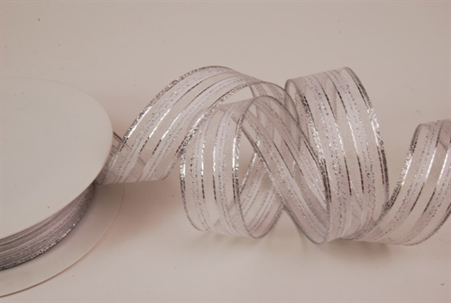 Band 25m/ 25mm, Streifen Organza, silber Band 25m/ 25mm, Streifen Organza, silber
