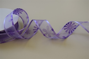 Band 25m/ 25mm, Tüll mit Blumen, lila Band 25m/ 25mm, Tüll mit Blumen, lila