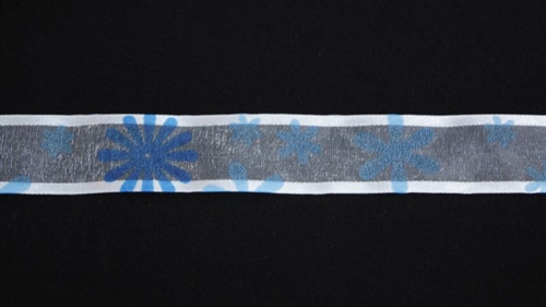 Band 25m/ 25mm, Tüll mit Blumen, hellblau Band 25m/ 25mm, Tüll mit Blumen, hellblau