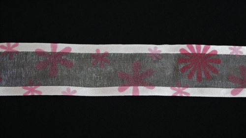 Band 25m/ 40mm, Tüll mit Blumen, rot Band 25m/ 40mm, Tüll mit Blumen, rot