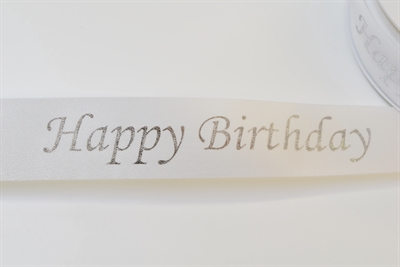 Band 25m/ 24mm, Happy Birthday, weiss/silber