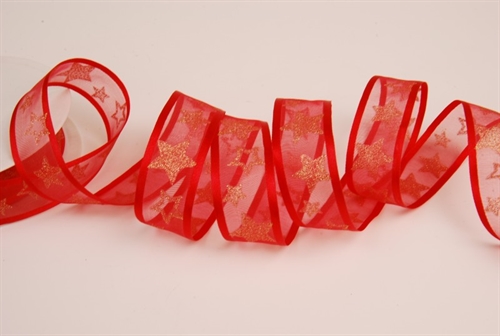 Band 25m/ 25mm, Tüll m. Sternen, hrot Band 25m/ 25mm, Tüll m. Sternen, hrot