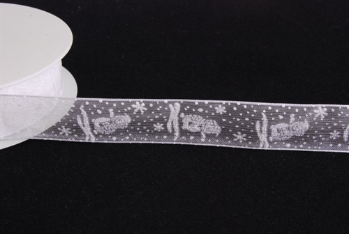 Band 25m/ 25mm, Schneemann Flock Organza, weiss Band 25m/ 25mm, Schneemann Flock Organza, weiss