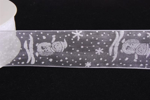 Band 25m/ 40mm, Schneemann Flock Organza, weiss Band 25m/ 40mm, Schneemann Flock Organza, weiss