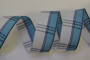 Band 25m/ 25mm, Karo mit Lurex, blau/weiss Band 25m/ 25mm, Karo mit Lurex, blau/weiss