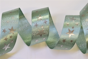 Band 20m/ 25mm, Sterne mit Lurex, reseda-grün Band 20m/ 25mm, Sterne mit Lurex, reseda-grün