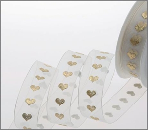 Band 20m/ 25mm, Herz 3D Sheer, ecru/gold Band 20m/ 25mm, Herz 3D Sheer, ecru/gold