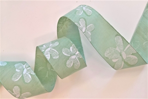 Band 25m/ 40mm, Blumen auf Leinen, grünv Band 25m/ 40mm, Blumen auf Leinen, grünv