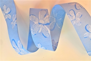 Band 25m/ 40mm, Blumen auf Leinen, blau Band 25m/ 40mm, Blumen auf Leinen, blau