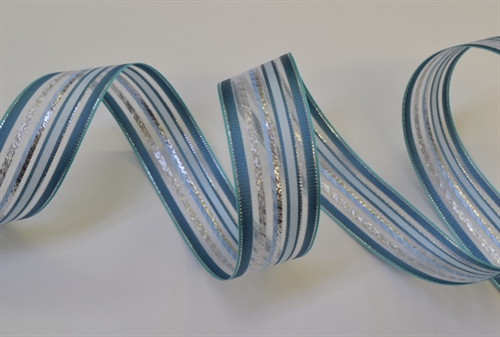 Band 25m/ 25mm, Organza Streifen, blaugrau Band 25m/ 25mm, Organza Streifen, blaugrau