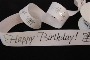 Band 20m/ 25mm, Happy Birthday, weiss/silber Band 20m/ 25mm, Happy Birthday, weiss/silber