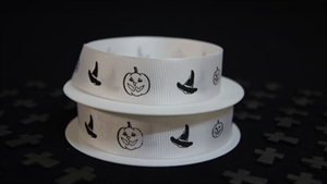 Band 20m/ 25mm, Hut & Kürbis, weiss Band 20m/ 25mm, Hut & Kürbis, weiss