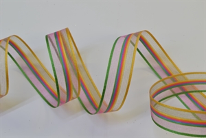 Band 25m/ 15mm, Organza Streifen farbig, rosa-bunt Band 25m/ 15mm, Organza Streifen farbig, rosa-bunt