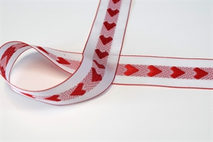 Band 25m/ 25mm, Herz gestickt, rot/weiss Band 25m/ 25mm, Herz gestickt, rot/weiss