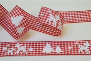 Band 25m/ 25mm, Vichyband mit Reh, rot Band 25m/ 25mm, Vichyband mit Reh, rot