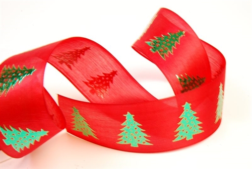 Band 20m/ 40mm, Tannenbaum auf Organza, rot/grün Band 20m/ 40mm, Tannenbaum auf Organza, rot/grün