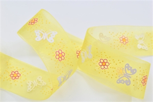 Band 25m/ 25mm, Organza m.Schmetterling, gelb Band 25m/ 25mm, Organza m.Schmetterling, gelb