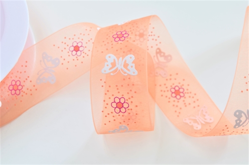 Band 25m/ 25mm, Organza m.Schmetterling, orange Band 25m/ 25mm, Organza m.Schmetterling, orange