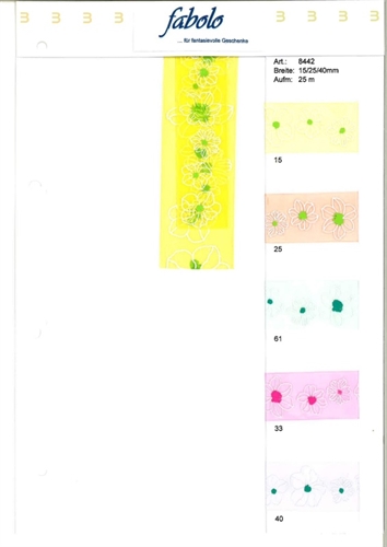 Band 25m/ 40mm, Organza m.Blume, gelb Band 25m/ 40mm, Organza m.Blume, gelb