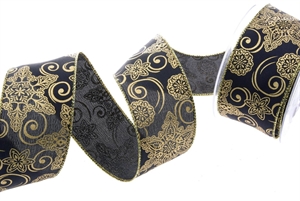 Band 10m/ 50mm, Motiv auf Schwarz - Draht, gold Band 10m/ 50mm, Motiv auf Schwarz - Draht, gold