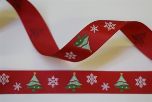 Band 25m/ 15mm, Tanne/Stern auf Satin, rot/grün/weiss Band 25m/ 15mm, Tanne/Stern auf Satin, rot/grün/weiss