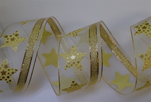 Band 15m/ 40mm, Voileband mit Sternendruck, gold Band 15m/ 40mm, Voileband mit Sternendruck, gold