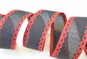 Band 10m/ 40mm, Leinen mit Kante, anthrazit-rot Band 10m/ 40mm, Leinen mit Kante, anthrazit-rot