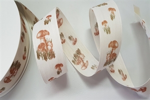 Band 50m/ 40mm, Pilze auf Leinen, braun/natur Band 50m/ 40mm, Pilze auf Leinen, braun/natur