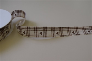 Band 20m/ 25mm, Karo mit Herz auf Leinen, braun Band 20m/ 25mm, Karo mit Herz auf Leinen, braun