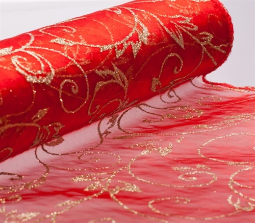 Tischband 5m/ 28cm, Organza GlitzerMotiv, rot Tischband 5m/ 28cm, Organza GlitzerMotiv, rot