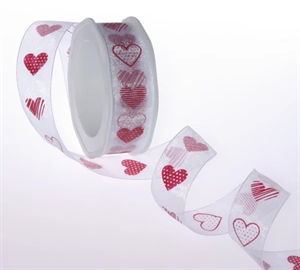 Band 20m/ 25mm, Organza m.Herz, weiss/rot Band 20m/ 25mm, Organza m.Herz, weiss/rot