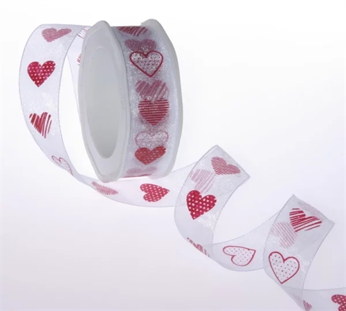Band 20m/ 25mm, Organza m.Herz, weiss/rot Band 20m/ 25mm, Organza m.Herz, weiss/rot