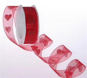 Band 20m/ 25mm, Organza m.Herz, rot/rot Band 20m/ 25mm, Organza m.Herz, rot/rot