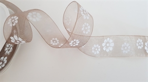 Band 20m/ 25mm, Flowers auf Organza, taupe