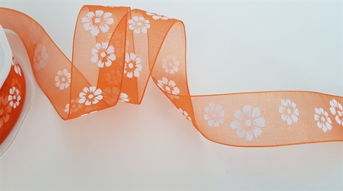 Band 20m/ 25mm, Flowers auf Organza, mandarin Band 20m/ 25mm, Flowers auf Organza, mandarin