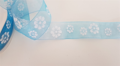Band 20m/ 25mm, Flowers auf Organza, türkis Band 20m/ 25mm, Flowers auf Organza, türkis