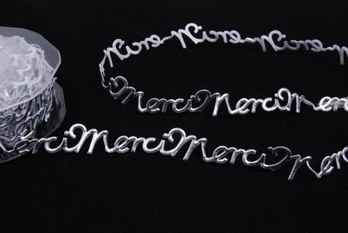 Band 10m/ 14mm, Merci klebend, silber Band 10m/ 14mm, Merci klebend, silber