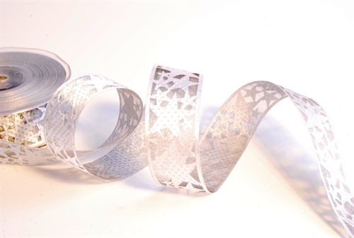 Band, 20m/ 32mm Sterne auf Organza, silber Band, 20m/ 32mm Sterne auf Organza, silber