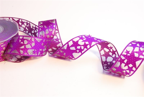 Band, 20m/ 32mm Sterne auf Organza, violett Band, 20m/ 32mm Sterne auf Organza, violett