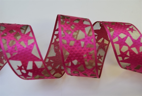 Band, 20m/ 32mm Sterne auf Organza, fuchsia Band, 20m/ 32mm Sterne auf Organza, fuchsia